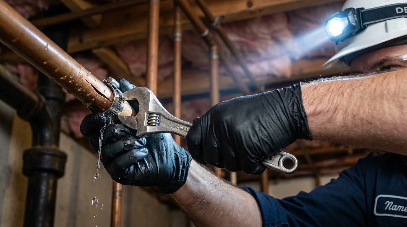 Emergency pipe clamp repair being performed by a Johns Plumbing LLC plumber in Corinna