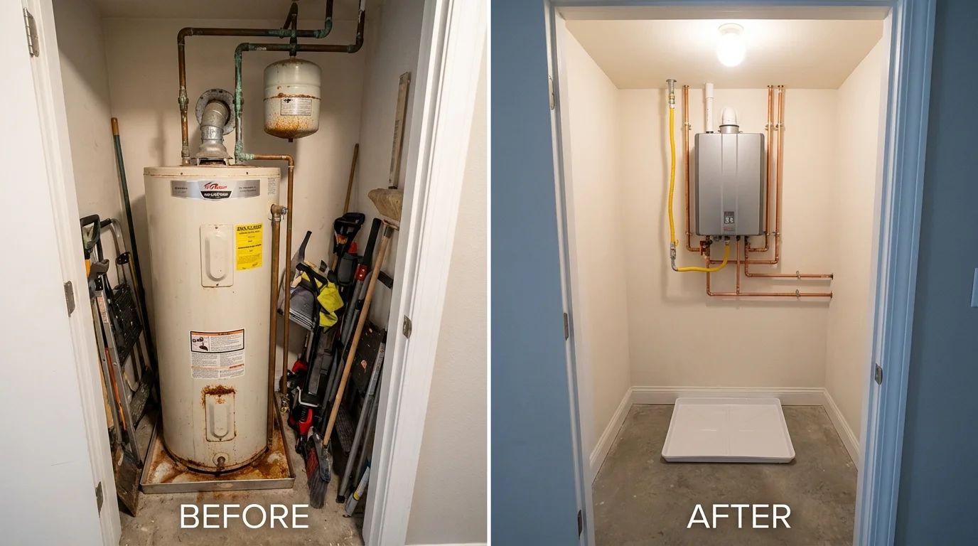 Tank water heater versus wall-mounted tankless unit comparison for Corinna, ME homeowners
