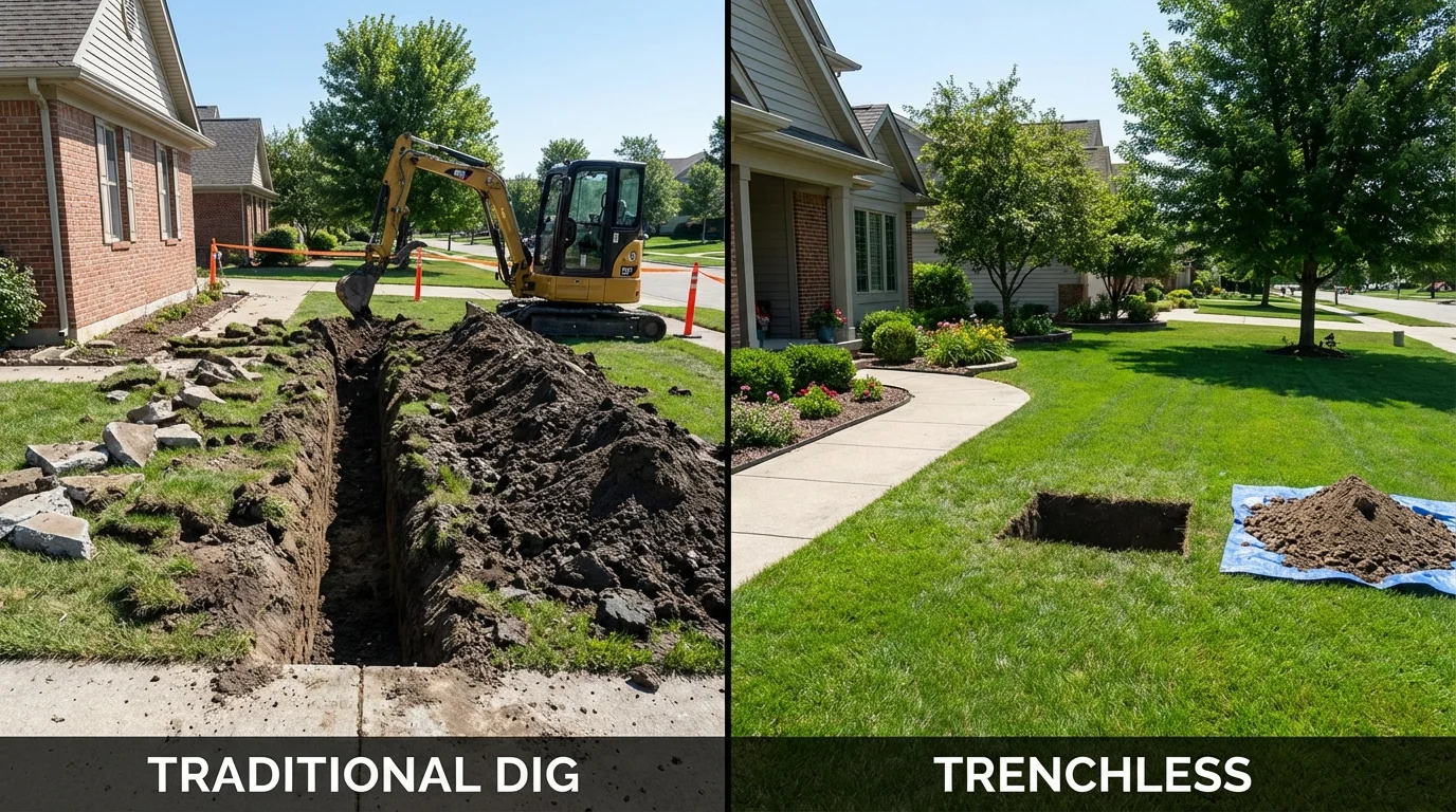 Trenchless sewer repair with minimal yard damage versus traditional excavation in Corinna, ME